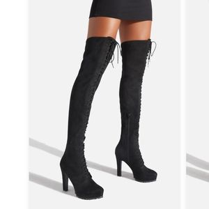 Black Lace Up Thigh High Boots